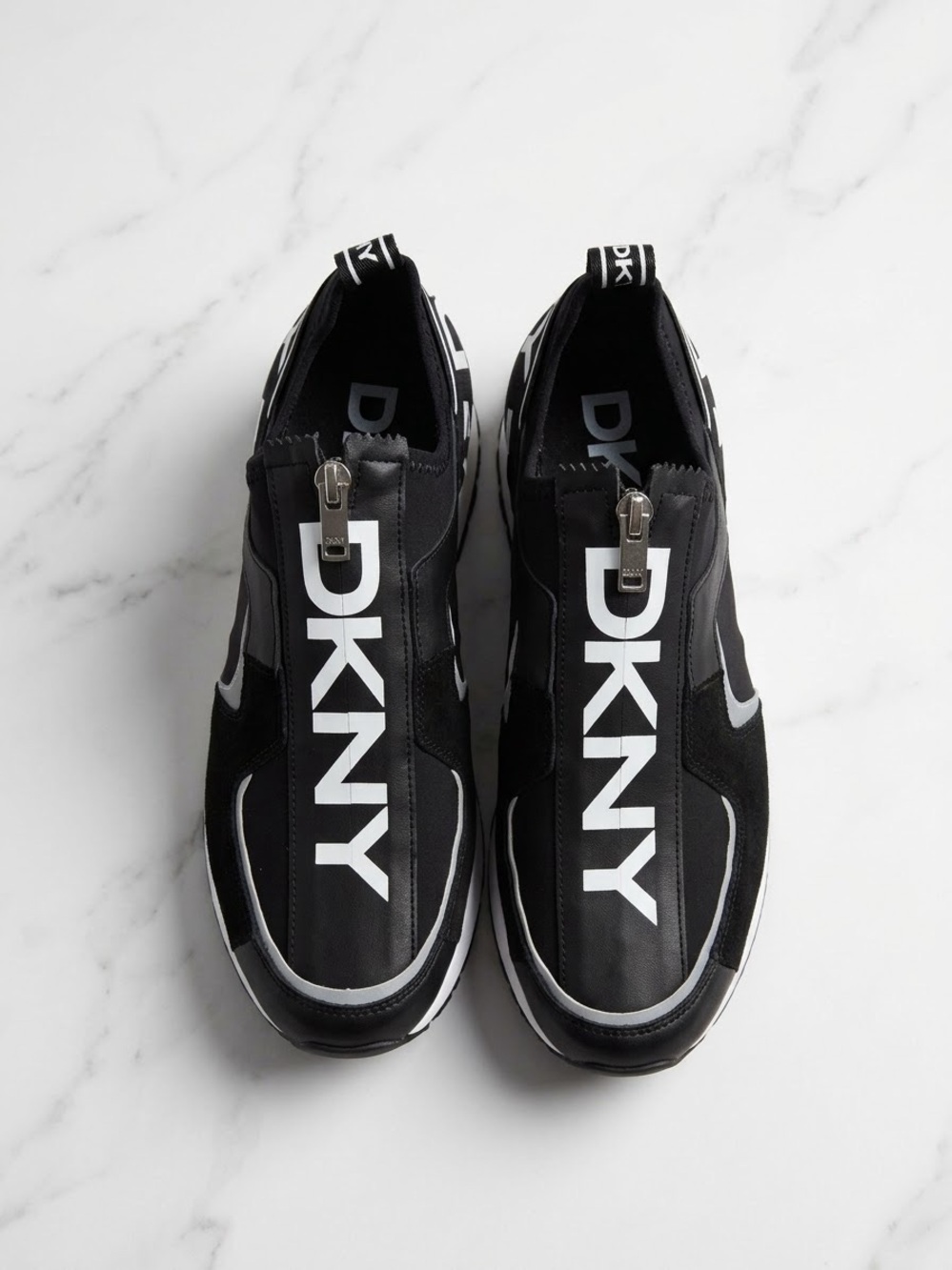 DKNY Black & White Logo Zip-Front Slip-On Sneakers